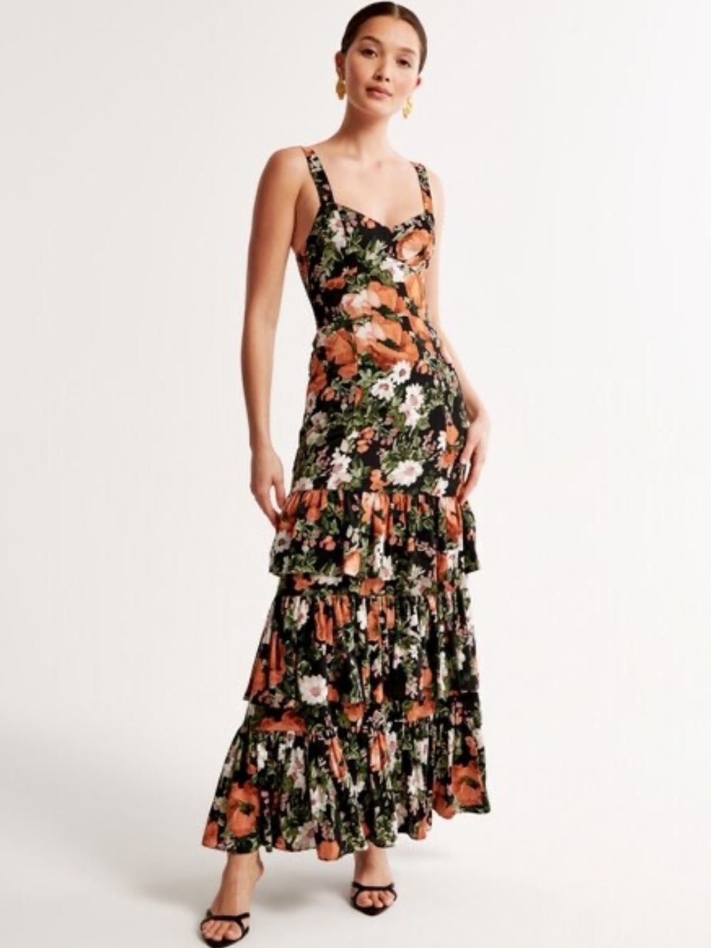 NEW Abercrombie & Fitch Black Floral Tiered Maxi Dress with Orange Blooms